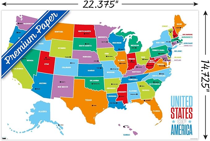 Trends International Map - United States Of America 2022 Wall Poster, 14.725" x 22.375", Premium Poster & Mount Bundle