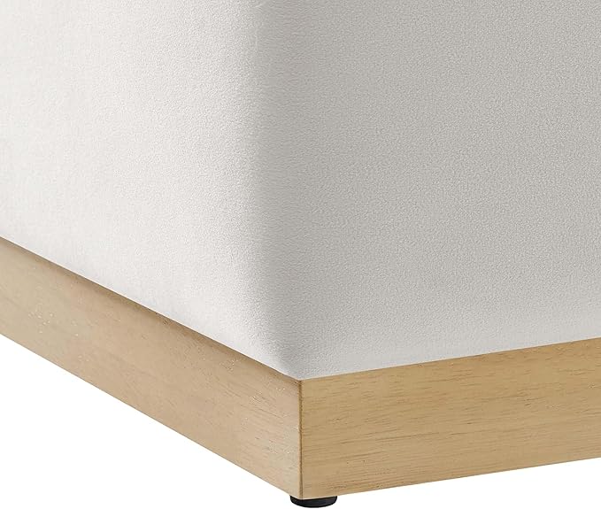 Modway Tilden 17 Inch Square Performance Velvet Upholstered Ottoman in Alabaster Natural - Small Ottoman Foot Rest with Rubberwood Plinth Base - Living Room Ottoman Side Table,