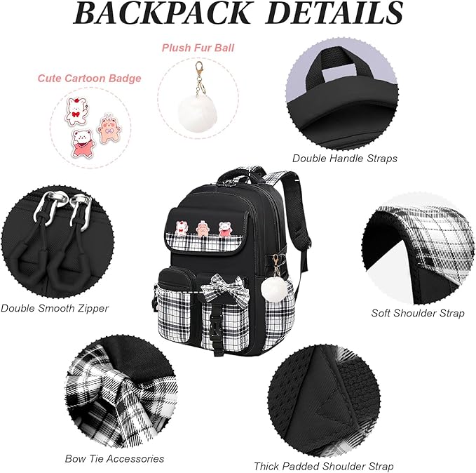 3PCS Girls Backpack Set for School - Cute Kids Bookbag with Lunch Box & Pencil Case, Stylish Backpack Combo for Girls Preschool Elementary Middle High School Students Teens Black