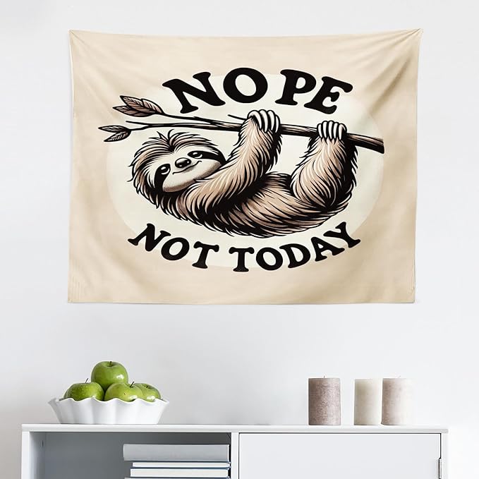Ambesonne Funny Tapestry, Nope Not Today Saying with a Happy Sloth Hanging Down from a Branch, Fabric Wall Hanging Decor for Bedroom Living Room Dorm, 28" X 23", Eggshell Pale Brown Black