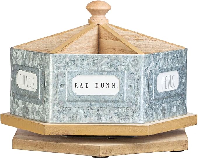 Rae Dunn Pencil Holder Cup - Spinning Metal Pen and Office Supplies 6 Compartment Desktop Organizer Caddy for Office Accessories - Great for Home, School, Classroom, Work - Round Design