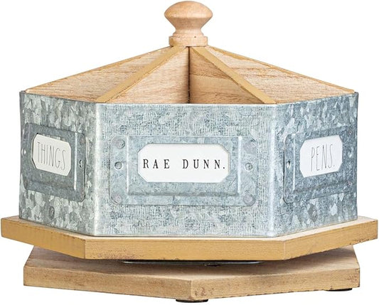 Rae Dunn Pencil Holder Cup - Spinning Metal Pen and Office Supplies 6 Compartment Desktop Organizer Caddy for Office Accessories - Great for Home, School, Classroom, Work - Round Design