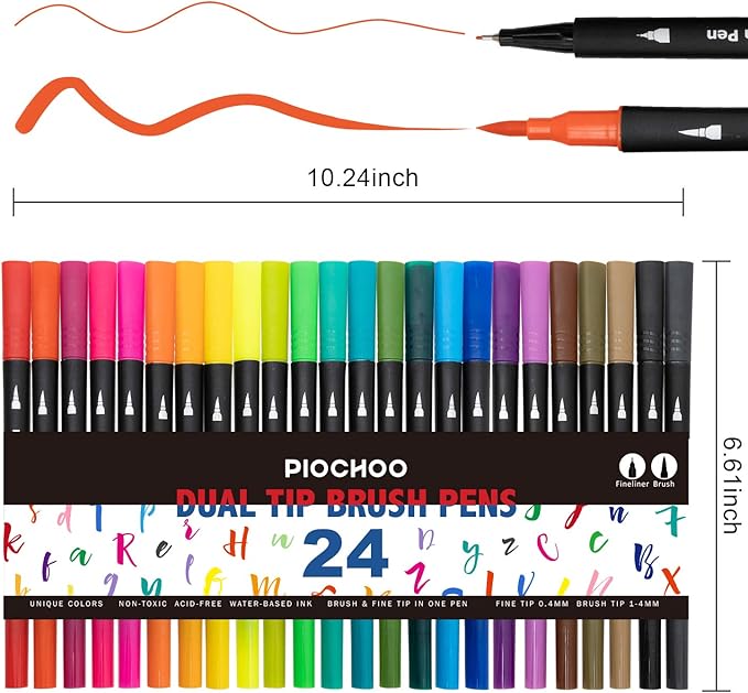 Dual Brush Marker Pens,24 Colored Markers,Fine Point and Brush Tip for Adult Coloring Books Bullet Journals Planners,Note Taking Coloring Writing