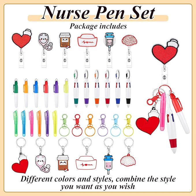 Henoyso 36 Pcs Nurse Badge Reel Pens Mini Highlighter Pens Bulk Nursing Week Appreciation Gifts Badge Accessories Retractable for Cna Medical Assistant Christmas Women (Stylish)