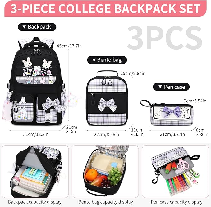 Girls Backpack 3pcs School Backpack with Lunch Box Teen Girl Backpack Set Cute Kids School Bag Bookbag for Teen Girls