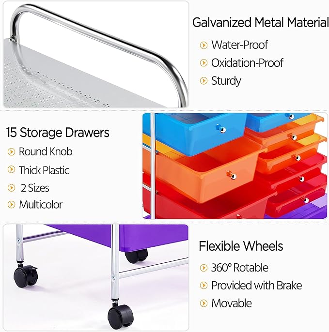 Yaheetech 15 Drawers Rolling Storage Cart Multipurpose Mobile Rolling Utility Storage Organizer Cart Tools Scrapbook Paper Organizer on Wheels, Multicolor
