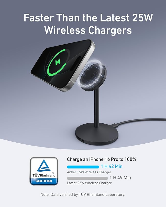Anker MagGo iPhone 17 MagSafe Charger Compatible Stand, 15W Fast Magnetic Wireless Charging Station, Qi2 Certified 360° Wireless Charger, Magnetic Stand for iPhone 17/16/15/14/13 Series (With Adapter)