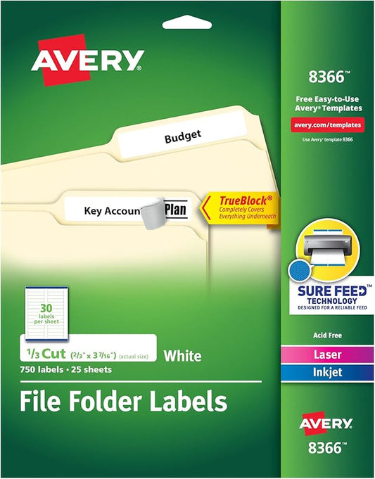 Avery File Folder Labels with TrueBlock Technology, Permanent Adhesive, 2/3" x 3-7/16", Laser/Inkjet, 750 Labels (08366)