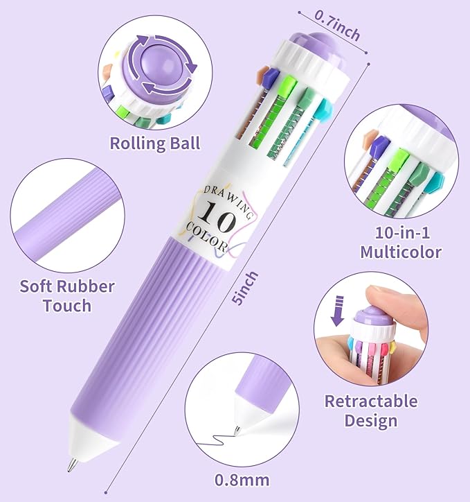 3 Park Multicolor Pens, 10-in-1 Colored Ballpoint Pen, 28 Colors, 0.8mm Fine Point Smooth Writing, Retractable Ballpoint Pens for Office School Students Children
