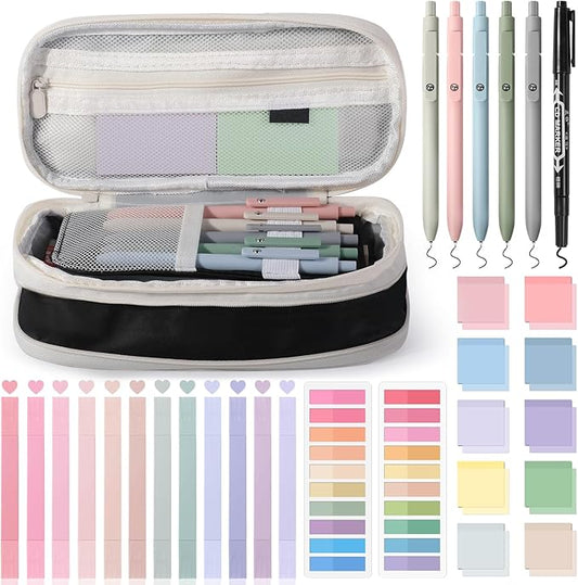 49Pcs Book Annotation Kit - Aesthetic School Supplies with Cute Pen Case Highlighters Gel Pens and Marker, Sheets Transparent Index Tabs Sticky Notes Bible Study Supplies(Black)