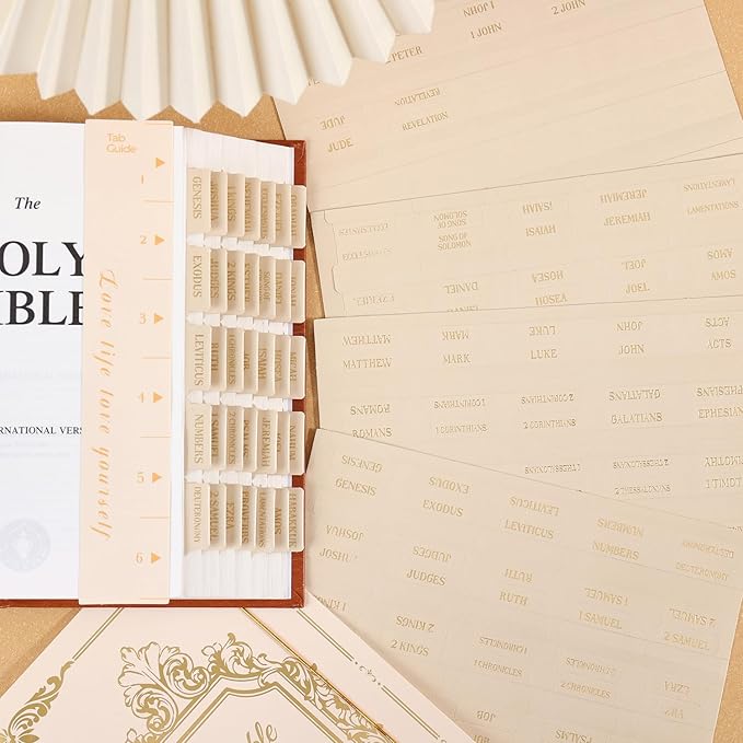 Leather Bible Tabs, Bible Tabs for Women and Men(Gold Foil Lettering) Large Print Stickers, Easy to Read and Apply, 66 Chapters & 14 Blank DIY Labels for Easy Navigation, Christian Accessories(Beige)