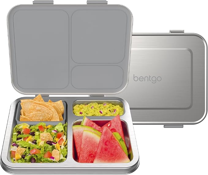 Bentgo Kids Stainless Steel Leak-Resistant Lunch Box - 3-Compartments with Bonus Silicone Container, Durable, Eco-Friendly, Dishwasher Safe, BPA-Free, Ideal for School, Ages 3+ (Silver)