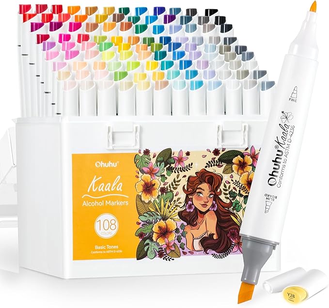 Ohuhu Alcohol Markers 108 Colors: Fine & Slim Broad Chisel Dual Tips Alcohol-based Refillable Art Markers for Artist Adult Coloring Book Illustration Drawing Manga 108 Set- Kaala