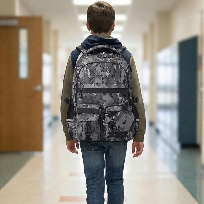 School Backpack for Boys - Camo Boys Backpack for Kids Teens Elementary, Middle & High School Bookbag Daypack with Camouflag Design,18″ Large Capacity with Usb Charging Port & Key-chain