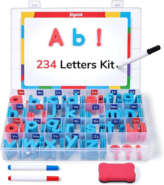 JoyCat Classroom Magnetic Letters Kit 234 Pcs with Double-Side Magnet Board - Foam Fridge Alphabet Letters for Kids Spelling and Learning, Homeschool Activity Pre-K Kid Learning Tool