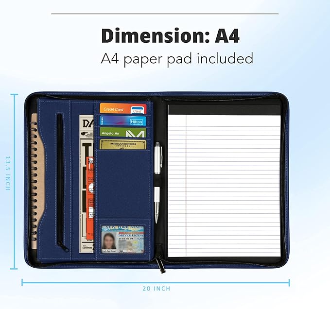 Zippered Portfolio Organizer/ A4 Refillable Lined Writing Notepad Folder Case/Fabric-Covered Padfolio Binder with Interior Storage Pocket for Men Women, Navy Blue