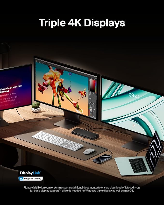 Belkin 15-in-1 Universal Triple Display DisplayLink Docking Station Hub w/ 3 HDMI Ports, 2 DisplayPorts for Triple 4K Display w/ 85W PD, 3.5mm Mic/Speaker, 1 USB-C, & 5 USB-A Ports, Black