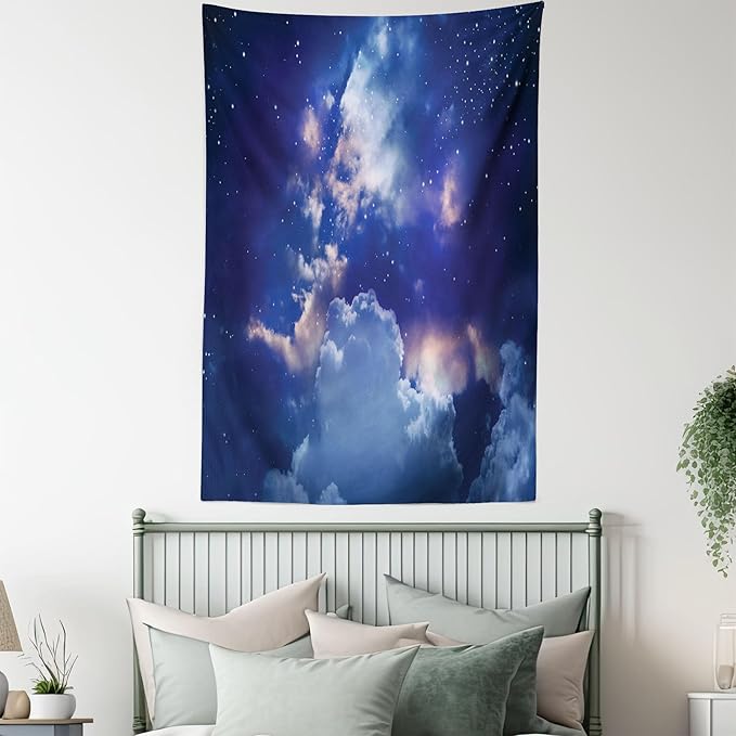 Ambesonne Space Tapestry, Magic Sky View with Star and Clouds Celestial Colorful World Cosmic Expanse Theme, Fabric Wall Hanging Decor for Bedroom Living Room Dorm, 23" X 28", White and Blue