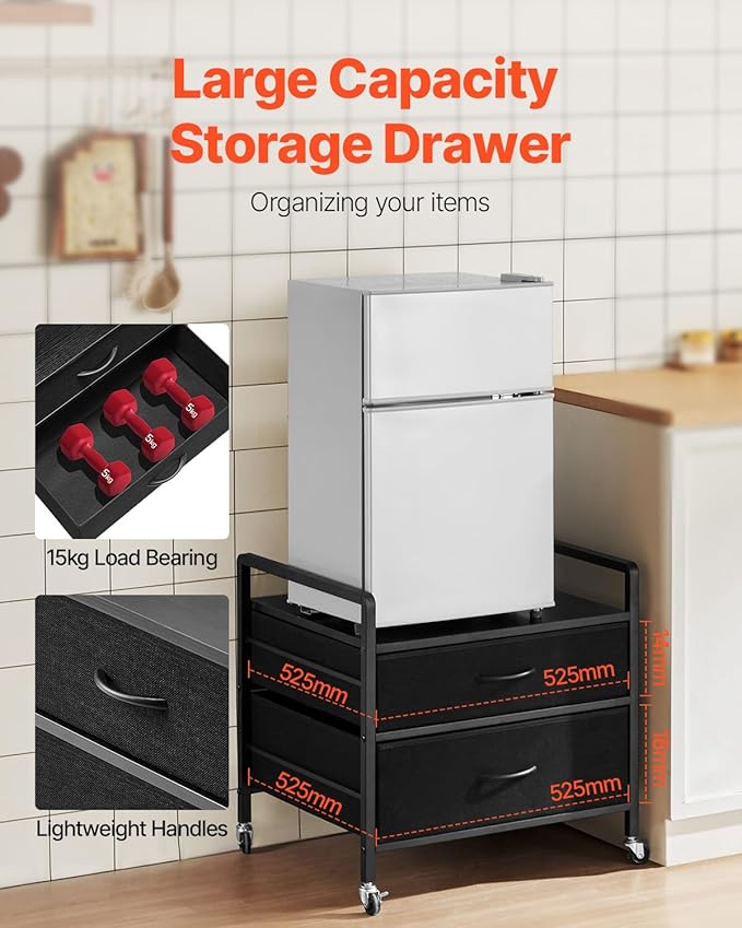 VEVOR Mini Fridge Stand with Storage, 176 lb-Capacity Mini Fridge Table with 2 Drawers & 4 Swivel Wheels, Mobile Mini Fridge Shelf, Black Mini Fridge Organizer for Dorm, Apartment, Office, Bedroom
