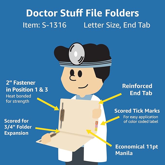 Medical File Folders with 2 Fasteners, Doctor Stuff, Letter Size, Reinforced End Tab Folders with 2” Bonded Fastener on Inside Front and Back, 11 pt Manila Stock, Carton of 250