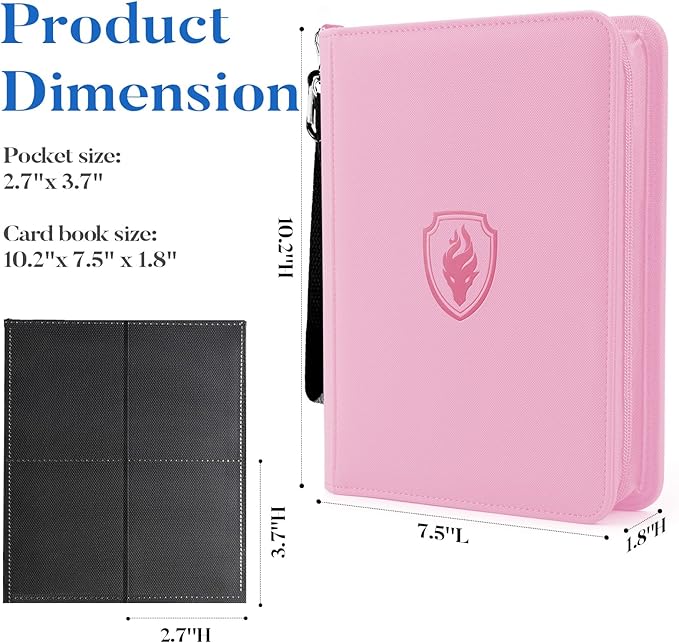 Premium 4 Pocket Zip Card Binder, Trading Card Binder for 320 Cards, Portable PU Card Collection Binder, Collector Card Album Folder for Game & Sports Cards (Pink)