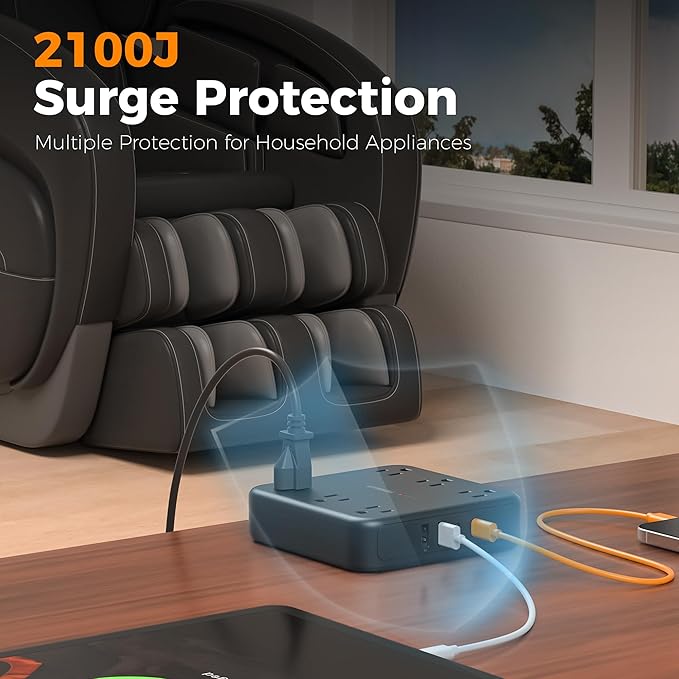 TESSAN Black Extension Cord with Fast Charger, Surge Protector Power Strip with 6 Outlets and 4 USB Ports (2 USB C), 2100 Joules Protection, Flat Plug, Multi Outlet Extender for Home, Office, Dorm