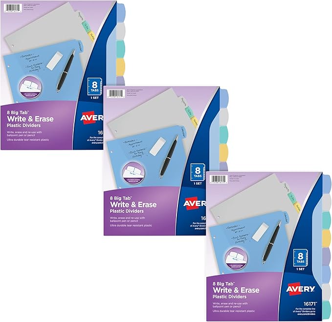 Avery Big Tab Write & Erase Durable Plastic Dividers for 3 Ring Binders, 8-Tab Sets, Pastel Colors, 3 Sets of Binder Dividers, Great for Organizing Reports, Presentations, and More (31351)