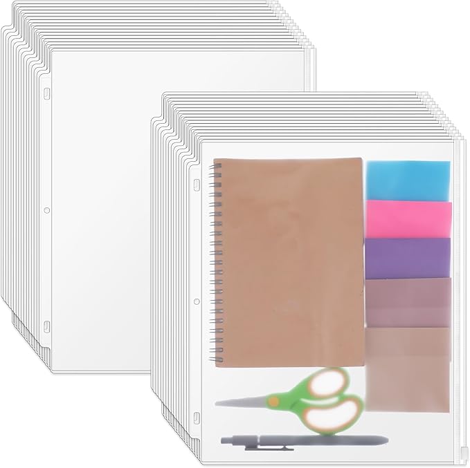 50 Pcs 3-Hole Binder Zipper Pockets, 11.6 x 10 Inches, PVC Waterproof Loose Leaf Document Organizer for Office Business Supplies, Clear, A4