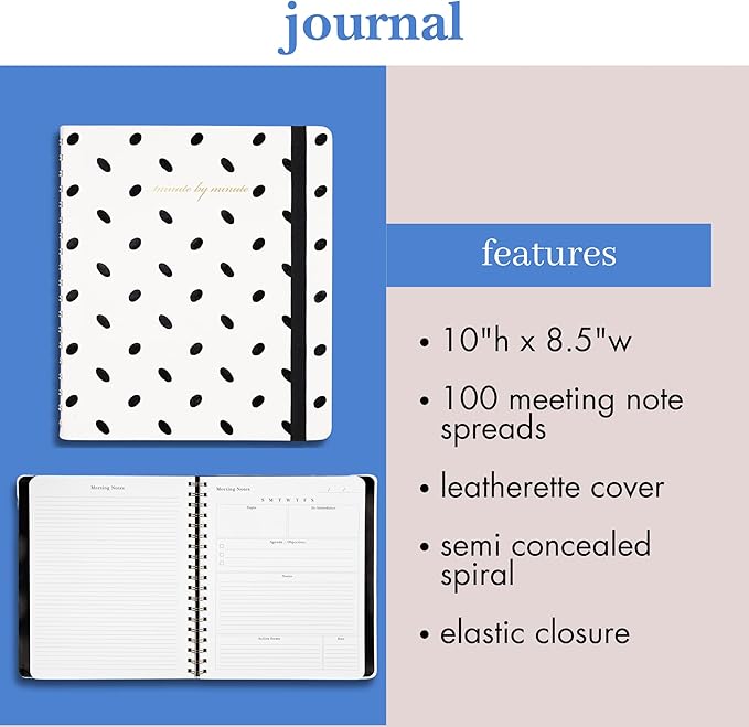 kate spade new york Meeting Notes Journal, 10" x 8.5" Spiral Notebook with 100 Entries, Leatherette Cover, Elastic Closure, Work Organizer for Notes, Objectives & Action Items (Almond Dot)