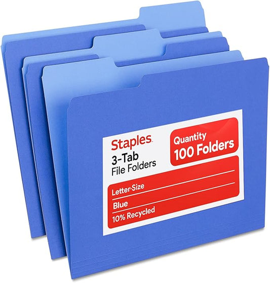 Staples File Folders, Letter Size, 1/3‑Cut Top Tabs, Blue, Durable 10.5‑Point Paper Stock, 100/Pack