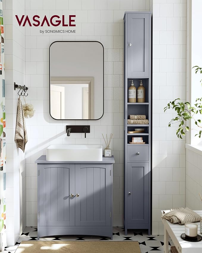 VASAGLE Tall Bathroom Cabinet, Slim Freestanding Bathroom Storage Cabinet with Adjustable Shelves, Drawer, Open Compartments, for Small Spaces, Modern, Dove Gray UBBC765G02