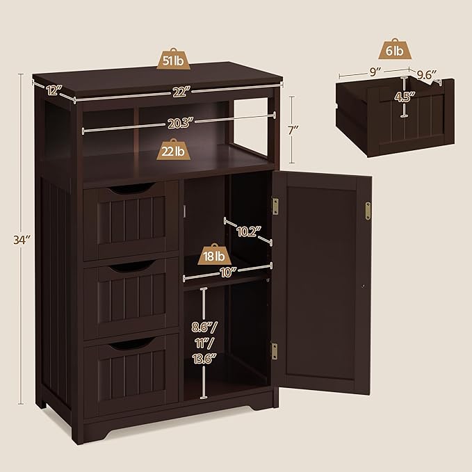 Yaheetech Wood Bathroom Floor Cabinet with 3 Drawers &1 Cupboard, Free Standing Storage Organizer Hallway Entryway Cabinet for Living Room Kitchen, Espresso