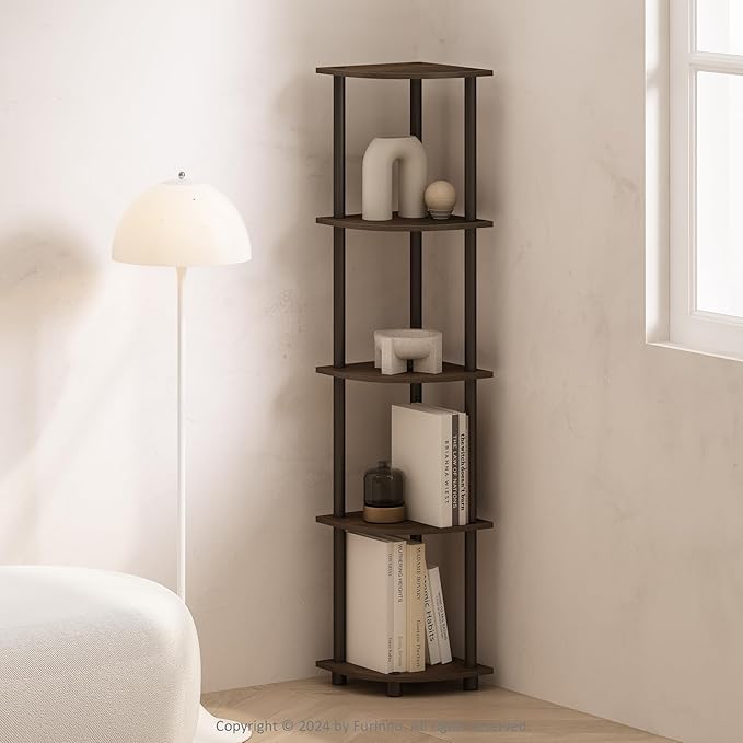 Furinno Turn-N-Tube Storage Shelves, 5-Tier Book Shelf, Corner Shelf, Toolless Open Shelves, for Organization and Storage, Living Room, Home Office, Hallway, Bedroom, Walnut