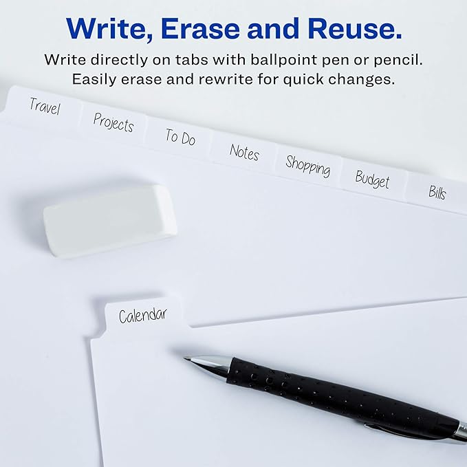Avery 8-Tab Binder Dividers, Write & Erase White Big Tabs, 48 Sets (23078)