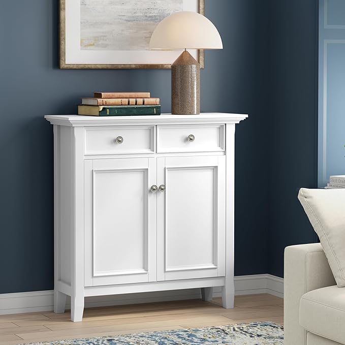 SIMPLIHOME Amherst 36-inch Wide Transitional-Style Storage Cabinet in White with Drawers and Adjustable Shelves for Entryway or Living Room