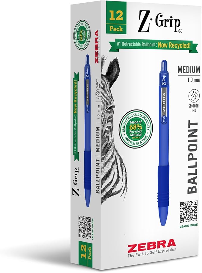 Zebra Pen Z-Grip Recycled Retractable Ballpoint Pens,1.0mm, Blue Ink, Durable Metal Clip, 68% Recycled (GRS Certified; Global Recycled Standards), School & Office Supplies, 12-Pack (20620)