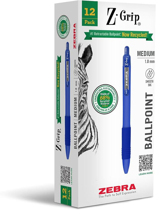 Zebra Pen Z-Grip Recycled Retractable Ballpoint Pens,1.0mm, Blue Ink, Durable Metal Clip, 68% Recycled (GRS Certified; Global Recycled Standards), School & Office Supplies, 12-Pack (20620)