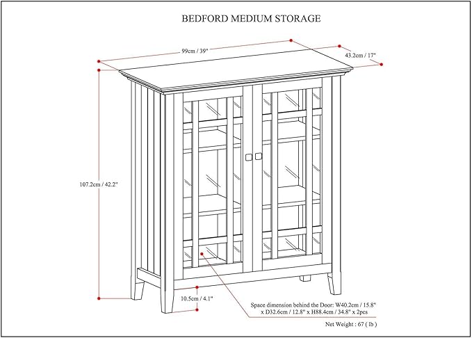 SIMPLIHOME Bedford Storage Cabinet - 39 inch Wide Solid Wood Medium Cabinet in Farmhouse Grey, Transitional Console for Living Room, Entryway, or Dining Room with Glass Doors and Adjustable Shelves