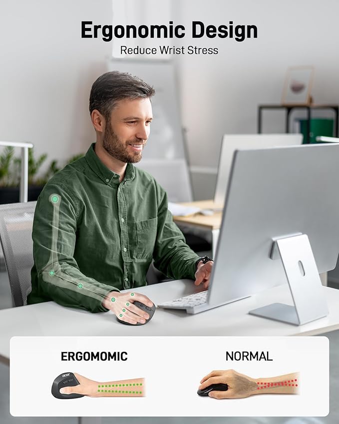 acer Ergonomic Mouse Wireless, Adjustable DPI Vertical Mouse 1000/1200/1600 with 6 Buttons, Rechargeable Ergo Mice, Medium to Large Sized Hands, 2.4GHz USB Receiver for Computer, Laptop, PC