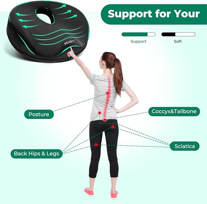 SAHEYER Donut Pillow for Tailbone Pain, Memory Foam Hemorrhoids Pillow for Sciatica Nerve, Sciatica Hip Coccyx Seat Cushion for Long Sitting Office Workers, Car Drivers, Black