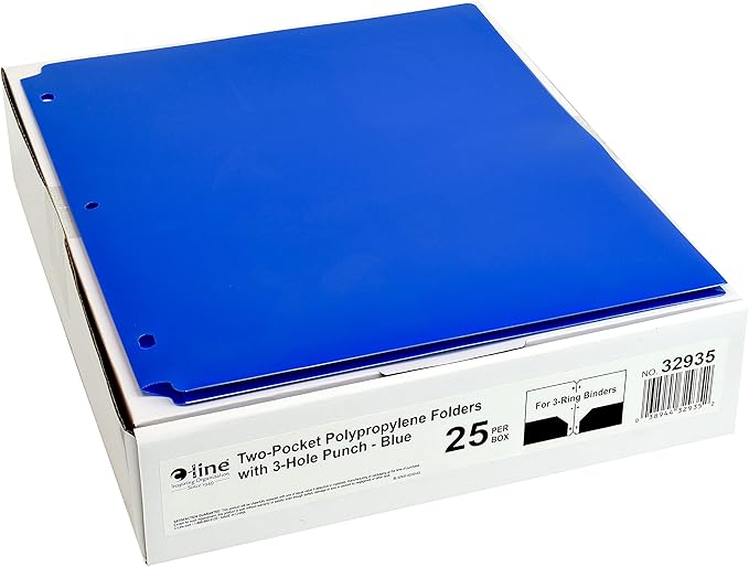 C-Line Two-Pocket Heavyweight Poly Portfolio Folder, 3-Hole Punch, 11 X 8.5, Blue, 25/Box (Pack of 2)