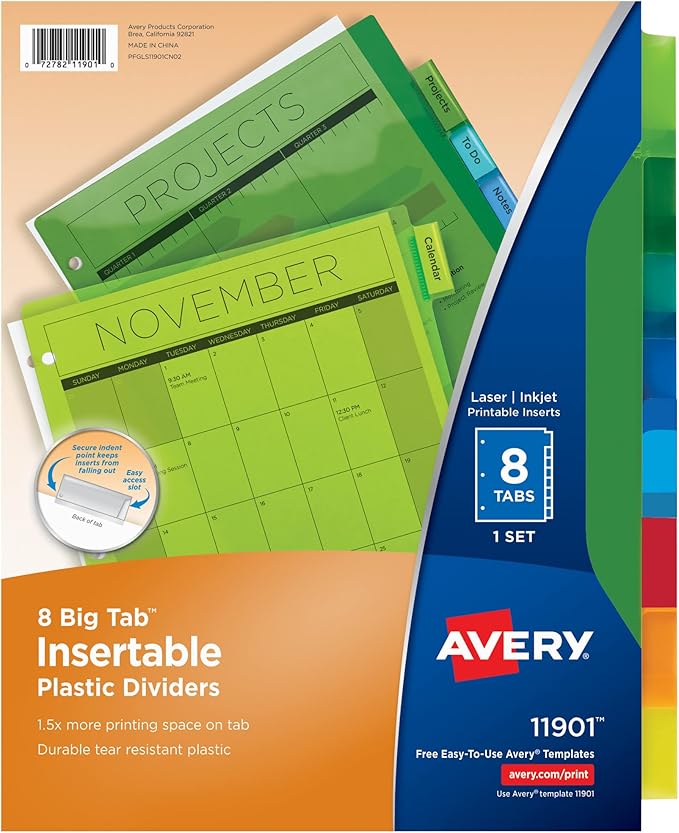 Avery Dividers for 3 Ring Binders, 8-Tab Plastic Binder Dividers, Insertable Big Tabs, Multicolor (24 Sets of 11901)