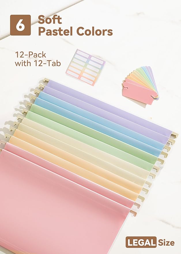 Plastic Legal Size Hanging File Folders, 12 Pack Pastel Hanging Folders, with Insertable 1/5-Cut Tabs for Filing Cabinets