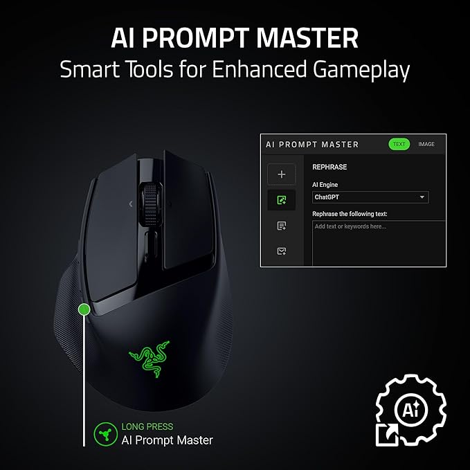 Razer Basilisk Mobile Portable Ergonomic Wireless Gaming Mouse: 10 Programmable Controls HyperScroll - Optical Switches Gen-3 - Long Battery Life - AI Prompt - 2.4 GHz, Bluetooth, USB C