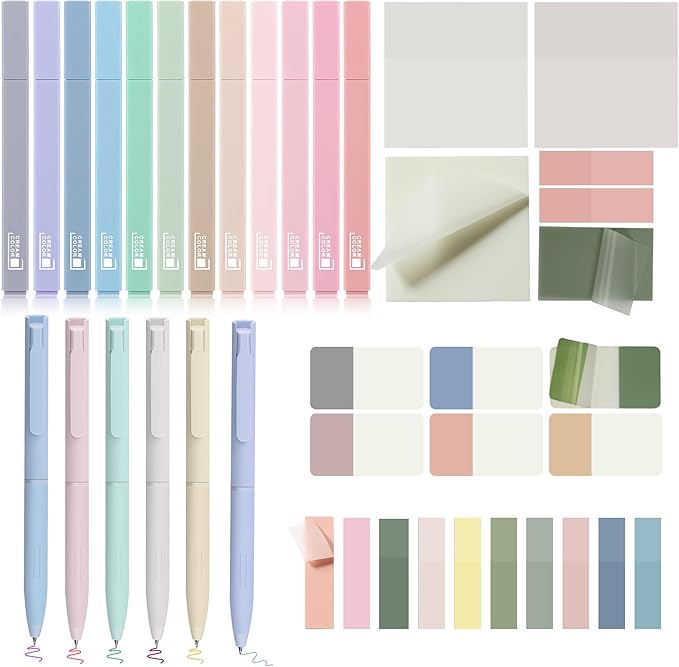 12 Pastel No Bleed Bible Highlighters and 6 Color Pens with 620 Sheets Transparent Sticky Notes, Bible Journaling Kit, Aesthetic Colored Labels for School Office Annotating Books Supplies