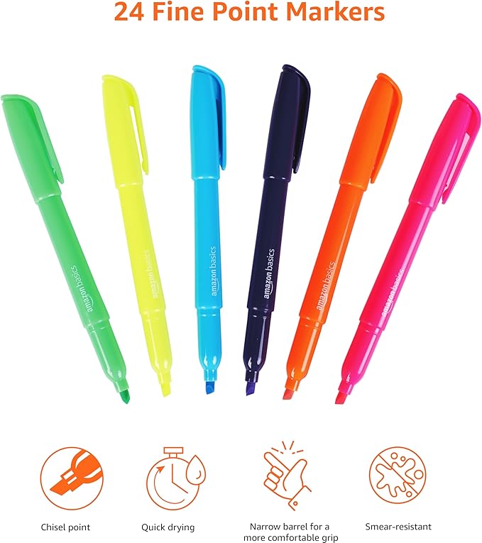 Amazon Basics Chisel Tip Highlighters, Fluorescent Ink, Vibrant Assorted Colors, School Supplies, 24-Pack