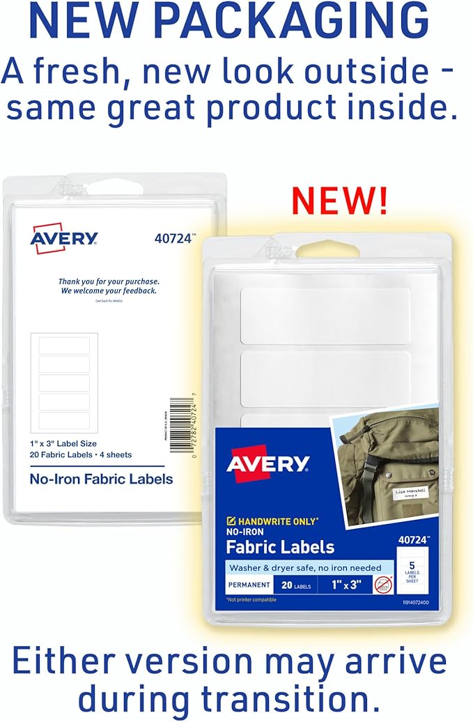 Avery No-Iron Fabric Labels, 1" x 3", Washer and Dryer-Safe Waterproof Labels, Non-Printable, 20 Total (40724)