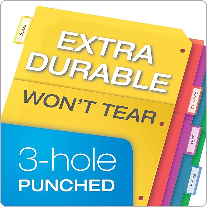 Oxford Plastic 2 Pocket Binder Dividers, 5 Tab 1/5 Cut, Multicolor Large Tab Set, Insertable Dividers with Paper Inserts, Letter Size, 3 Sets (89602)