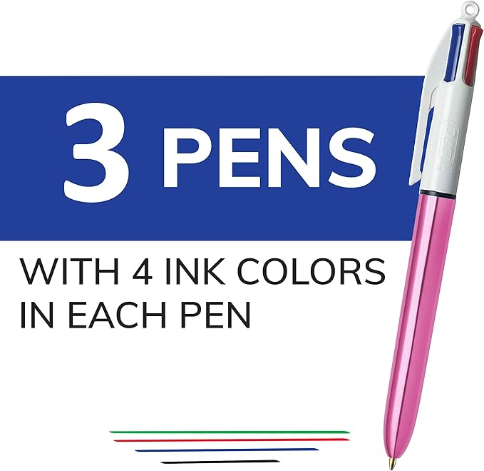 BIC 4 Color Shine Retractable Ballpoint Pen with 1.0 mm Point and Wide Barrel,in Assorted Ink,(Pack of 6)