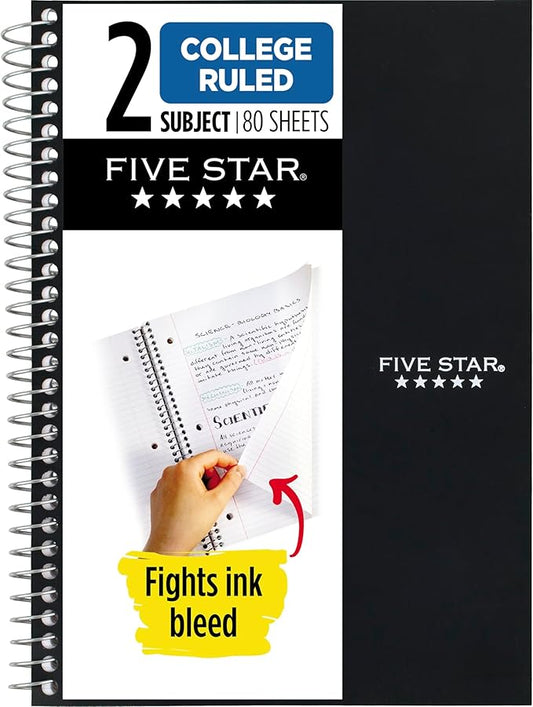 Five Star Spiral Notebook, 2 Subject, College Ruled Paper, 6" x 9-1/2", 80 Sheets, Fights Ink Bleed, Water Resistant Cover, Black (840029AA2-ECM)